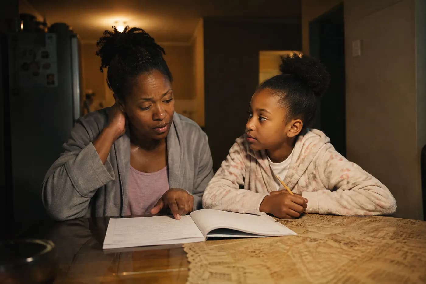 A mother and her daughter at the kitchen table with an exercise book open between them